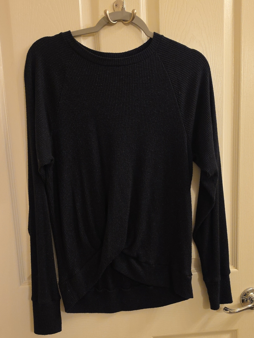 Zella Black Ribbed-Knit Twist-Front Tunic Crewneck Sweater
